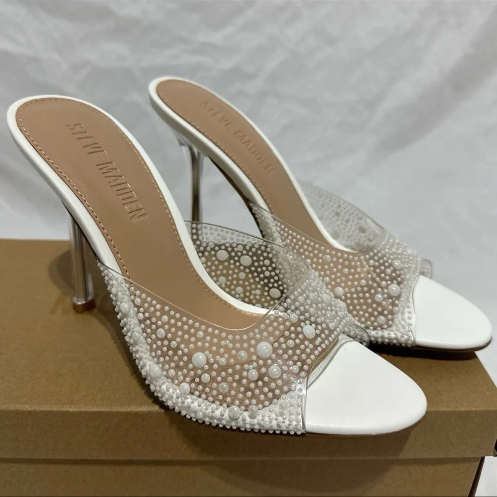 Steve Madden Peach PVC Open Toe White Pearl Embellished Heels